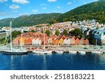 Aerial view of historical wooden district Bryggen in Bergen, Norway