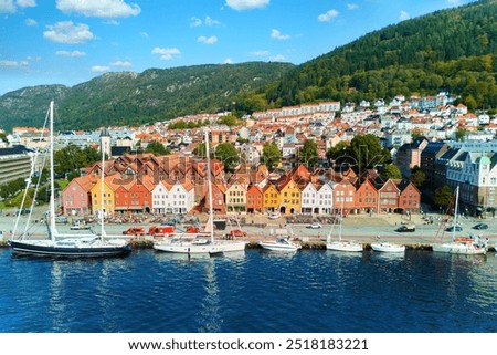 Aerial view of historical wooden district Bryggen in Bergen, Norway