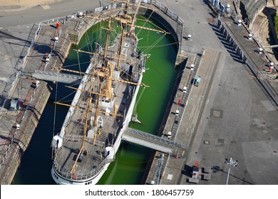 An Aerial View Of HMS Gannet At Chatham Docks On The Banks Of The River Medway. A Historic Tall Ship And Part Of The British Historic Fleet. A Popular Visitor Attraction And Museum.