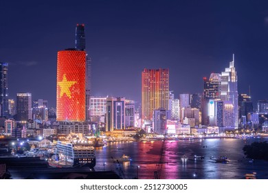 Aerial view of Ho Chi Minh City skyline and skyscrapers on Saigon river, center of heart business at downtown. Far away is Landmark 81 skyscraper. Night view. Financial and business concept - Powered by Shutterstock