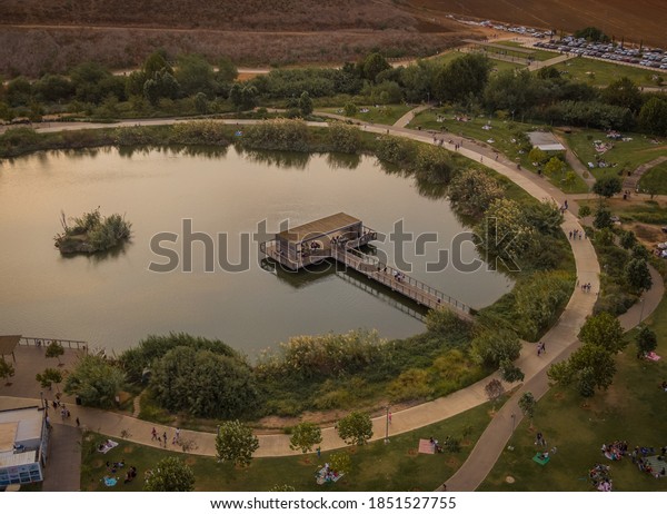 Aerial view of\
the Hod Hasharon Lake Park,\
Israel