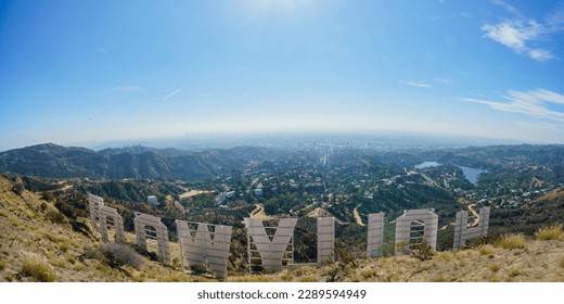 Aerial view of the Hollywood sign and cityscape at California - Shutterstock ID 2289594949