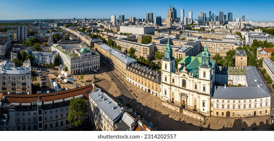 Aerial view of Holy Cross Church in Warsaw with city skyline on the background, Poland, Europe - Shutterstock ID 2314202557
