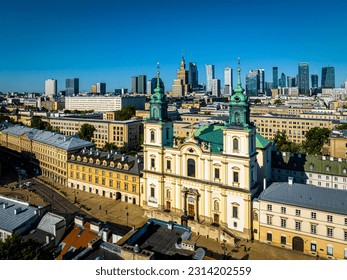 Aerial view of Holy Cross Church in Warsaw with city skyline on the background, Poland, Europe - Shutterstock ID 2314202559
