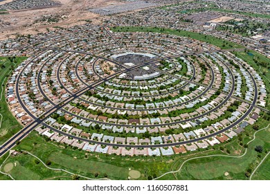 Aerial view of a homes built in a circular pattern in Sun City, Arizona