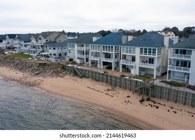 Aerial View Of Homes Right On The Shore Of The Chesapeake Bay In Norfolk Virginia