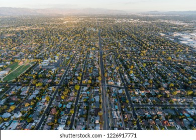 Aerial View Of Homes And Streets Along Lassen St In The Northridge Neighborhood Of Los Angeles, California.