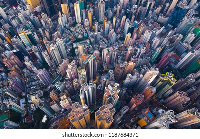 Aerial View Of Hong Kong Downtown. Financial District And Business Centers In Smart City In Asia. Top View Of Skyscraper And High-rise Buildings.