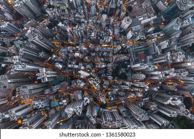 Aerial View Of Hong Kong Downtown, Republic Of China. Financial District And Business Centers In Smart City In Asia. Top View Of Skyscraper And High-rise Buildings At Night.