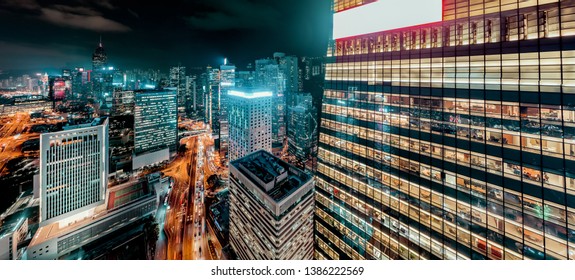 Aerial View Of Hong Kong Financial  District At Night 