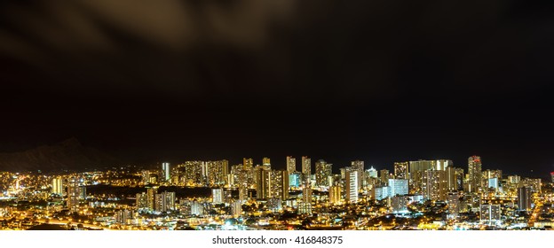 Aerial View Of Honolulu City Lights And Skyline At Night