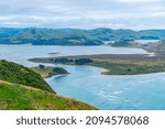 Aerial view of Hoopers inlet at Otago peninsula in New Zealand