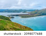 Aerial view of Hoopers inlet at Otago peninsula in New Zealand