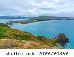 Aerial view of Hoopers inlet at Otago peninsula in New Zealand