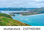 Aerial view of Hoopers inlet at Otago peninsula in New Zealand