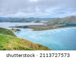 Aerial view of Hoopers inlet at Otago peninsula in New Zealand