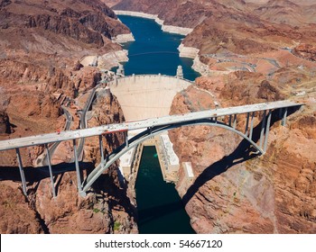 Aerial view of Hoover Dam and the Colorado River Bridge
