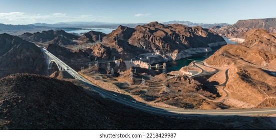 Aerial View Of The Hoover Dam In United States. Aerial View Of Hoover Dam And The Colorado River Bridge