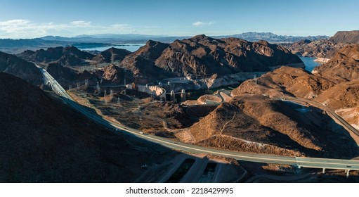 Aerial View Of The Hoover Dam In United States. Aerial View Of Hoover Dam And The Colorado River Bridge