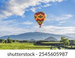 An aerial view of hot air balloons above the Teotihuacan pyramid. Adventure travel, cultural heritage, and aerial exploration concept