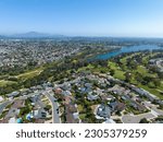 Aerial view of house around Lake Murray reservoir in San Diego, California, USA