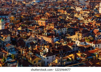 Aerial view of houses on the island of Venice, Italy at sunset