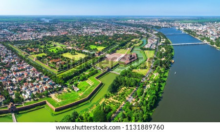 Aerial view of the Hue Citadel in Vietnam. Imperial Palace moat,Emperor palace complex, Hue Province, Vietnam