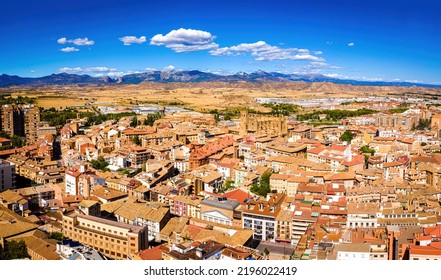 Aerial view of Huesca, a hilly medieval old town in Spain topped by Gothic Huesca Cathedral