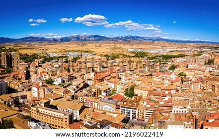 Aerial view of Huesca, a hilly medieval old town in Spain topped by Gothic Huesca Cathedral