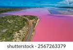 Aerial view of Hutt Lagoon, the stunning pink lake in Port Gregory, Western Australia.