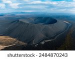 Aerial view of Hverfjall volcano crater in Iceland, a large Tephra cone or Tuff ring volcano.