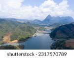 Aerial view of a hydro power plant, A dam across Nam Ou River in the northern of Laos, Flow to Mekong river pass though Phongsaly and Luangprabang province.    