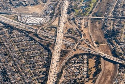 Aerial View Of The I-5 Golden State Freeway And I-605 San Gabriel Freeway Interchange In Santa Fe Springs, California By The San Gabriel River.