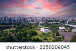 Aerial view of Ibirapuera Park in São Paulo, SP. Residential buildings around. Lake in Ibirapuera Park.