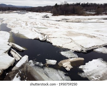 Aerial View Of Ice Breaking Up On A River In April