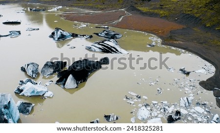 Aerial view of icebergs afloat in the Skaftafell glacier lagoon in southeast Iceland.