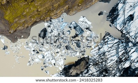 Aerial view of icebergs afloat in the Skaftafell glacier lagoon in southeast Iceland.