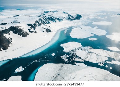 Aerial view of icebergs and ice floes in Glacier Lagoon