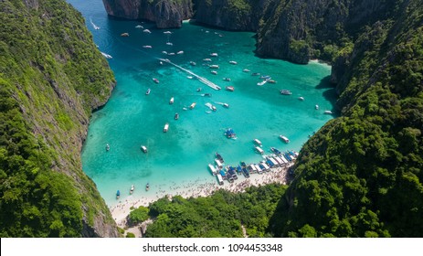 Aerial view of iconic tropical Maya Bay,Phi Phi islands, Thailand