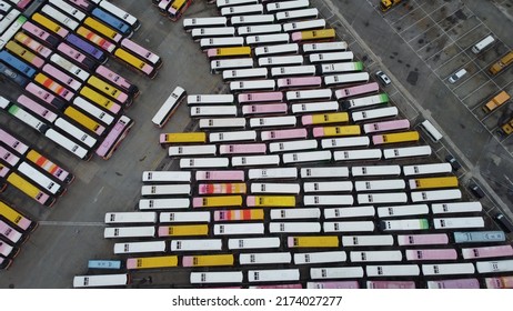 Aerial View Of Idle Coach Buses Due To Covid-19 In Hong Kong