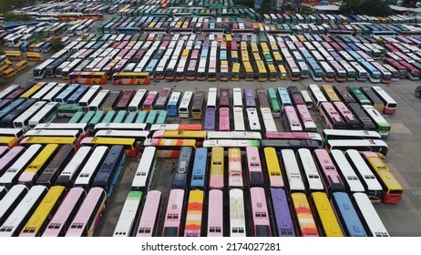 Aerial View Of Idle Coach Buses Due To Covid-19 In Hong Kong