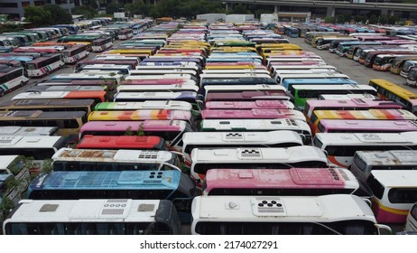 Aerial View Of Idle Coach Buses Due To Covid-19 In Hong Kong