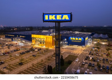 Aerial View Of Ikea Shopping Store With Parking Slots, Night Mood. Turin, Italy - October 2022