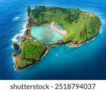 Aerial view of Ilheu de Vila Franca, a volcanic island near the Azores with a natural pool, ideal for swimming, snorkeling, and eco-tourism in a pristine coastal setting.