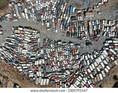 Aerial view image of scrap cars. Aerial view of old cars