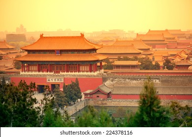 Aerial view of Imperial Palace in Beijing in red tone, China.