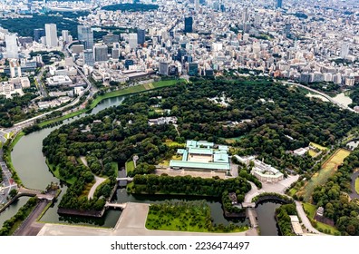 Aerial view of the Imperial Palace and gardens in Chiyoda, Tokyo, Japan