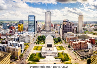 Aerial view of Indianapolis, Indiana skyline above Indiana World War Memorial and University park, and along Meridian and Pennsylvania streets.