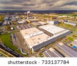 Aerial view to industrial zone and technology park on Karlov suburb of Pilsen city in Czech Republic, Europe. European industry from above. 