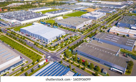 Aerial View Of Industrial Zone And Technology Park On Bory Suburb Of Pilsen City In Czech Republic, Europe. Industrial Fields From Above. Background Concept.